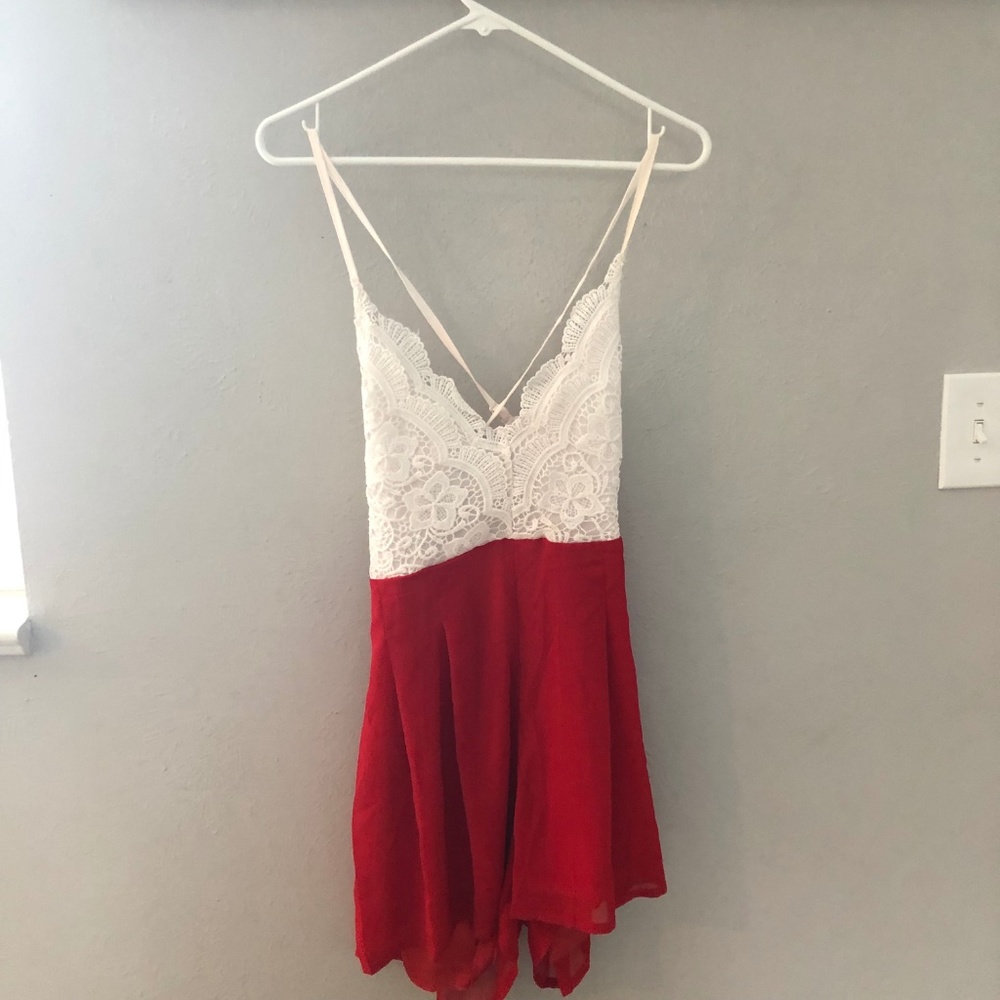 Red and White Lace Romper